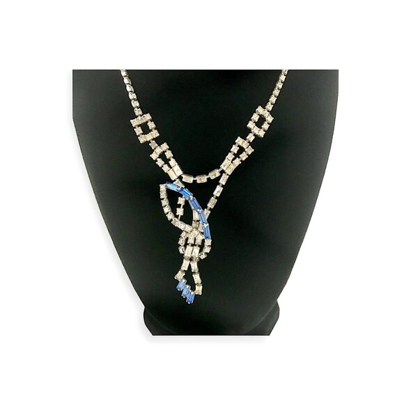 Mid-Century Vintage Rhinestone Necklace,  Blue Accents – Art Deco Revival Style - Picture 2 of 9
